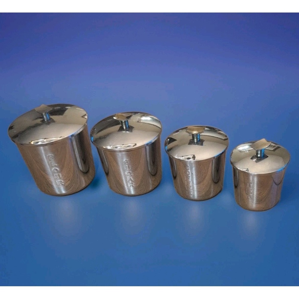 Vntg Ereredy MCM Aluminum Canisters Set of 4 Flour Sugar Coffee & Tea W / Lids